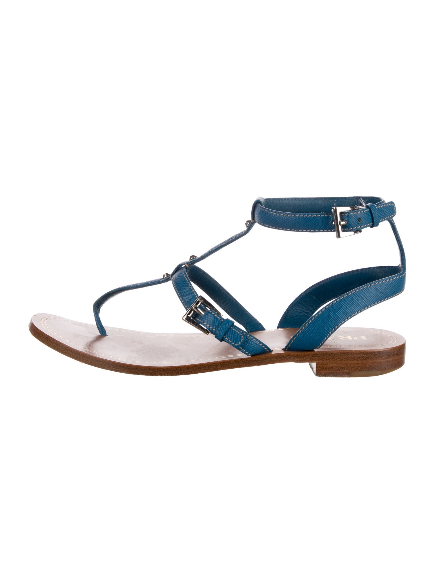 Prada Leather Studded Accents T-Strap Sandals