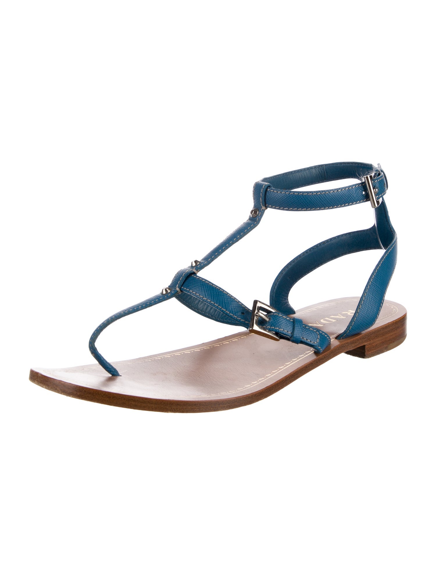 Prada Leather Studded Accents T-Strap Sandals