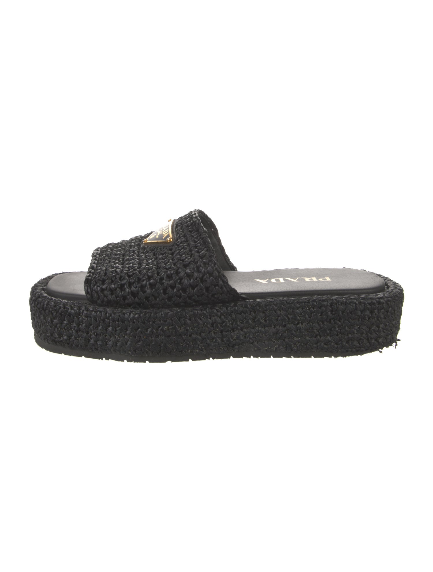 Prada Enameled Metal Triangle Straw Espadrilles