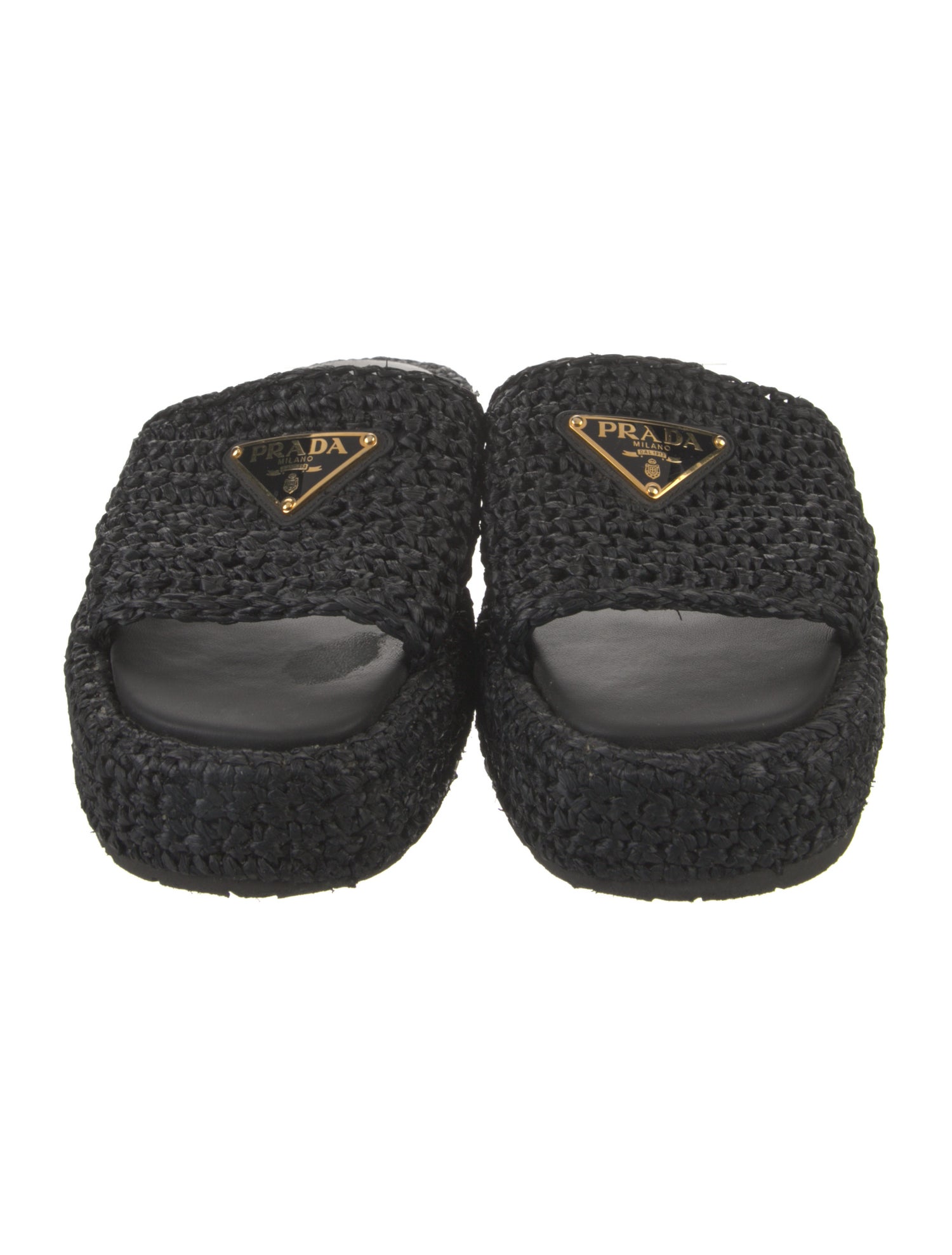 Prada Enameled Metal Triangle Straw Espadrilles
