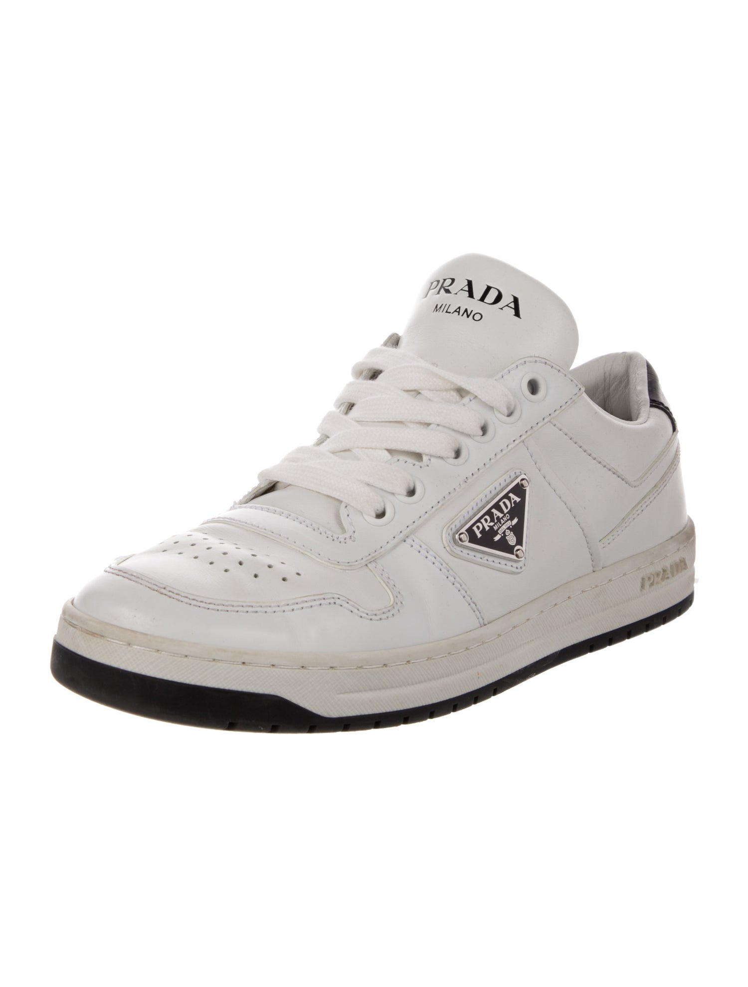 Prada Enameled Metal Triangle Leather Sneakers
