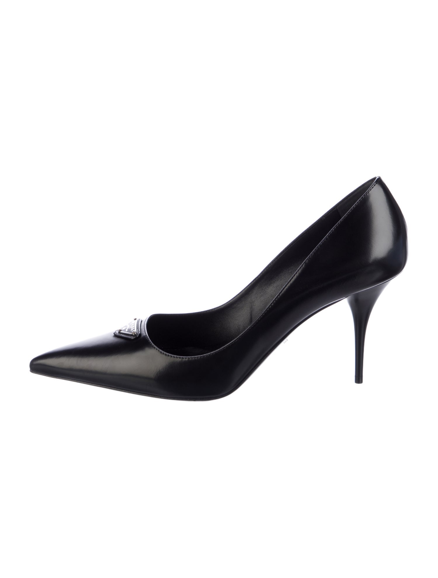 Prada Enameled Metal Triangle Patent Leather Pumps