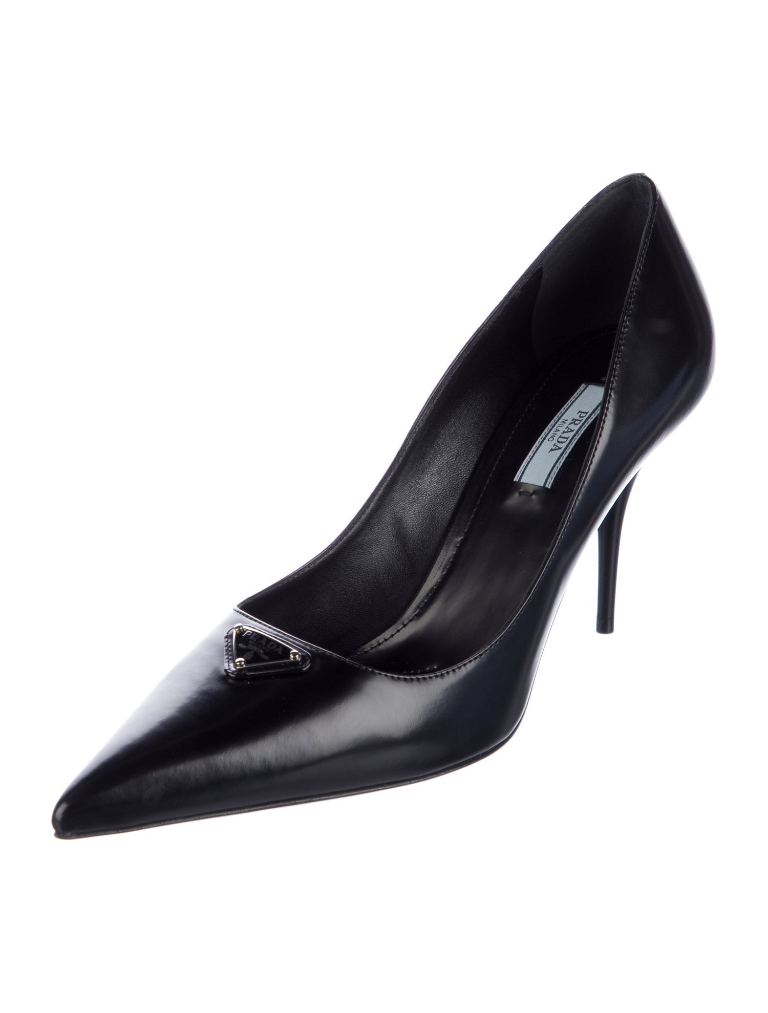 Prada Enameled Metal Triangle Patent Leather Pumps