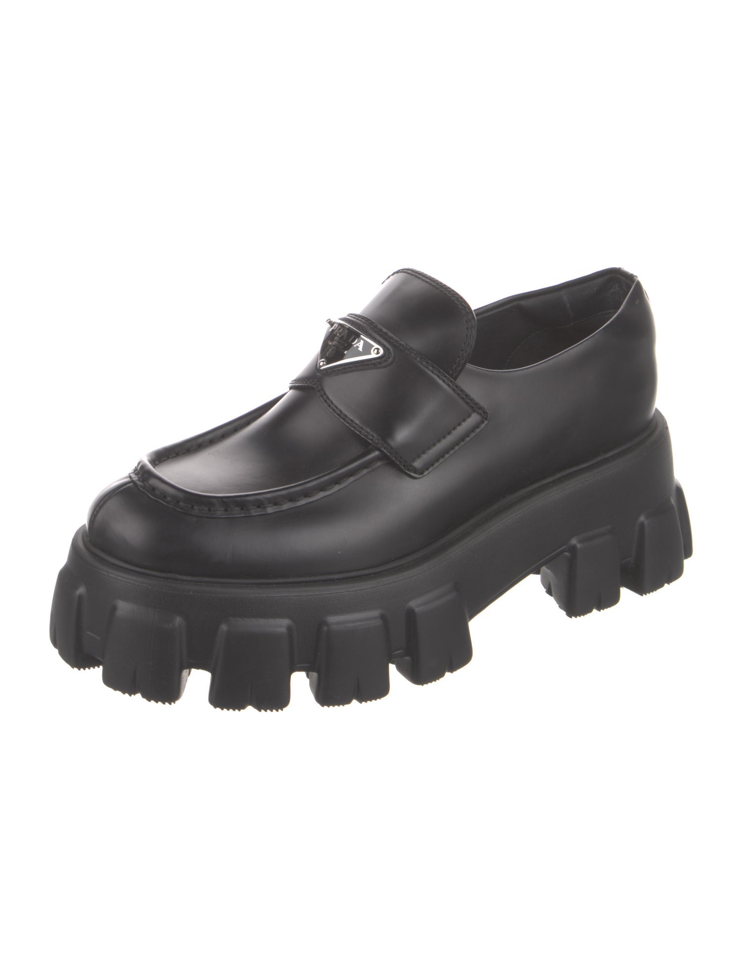 Prada Enameled Metal Triangle Leather Oxfords