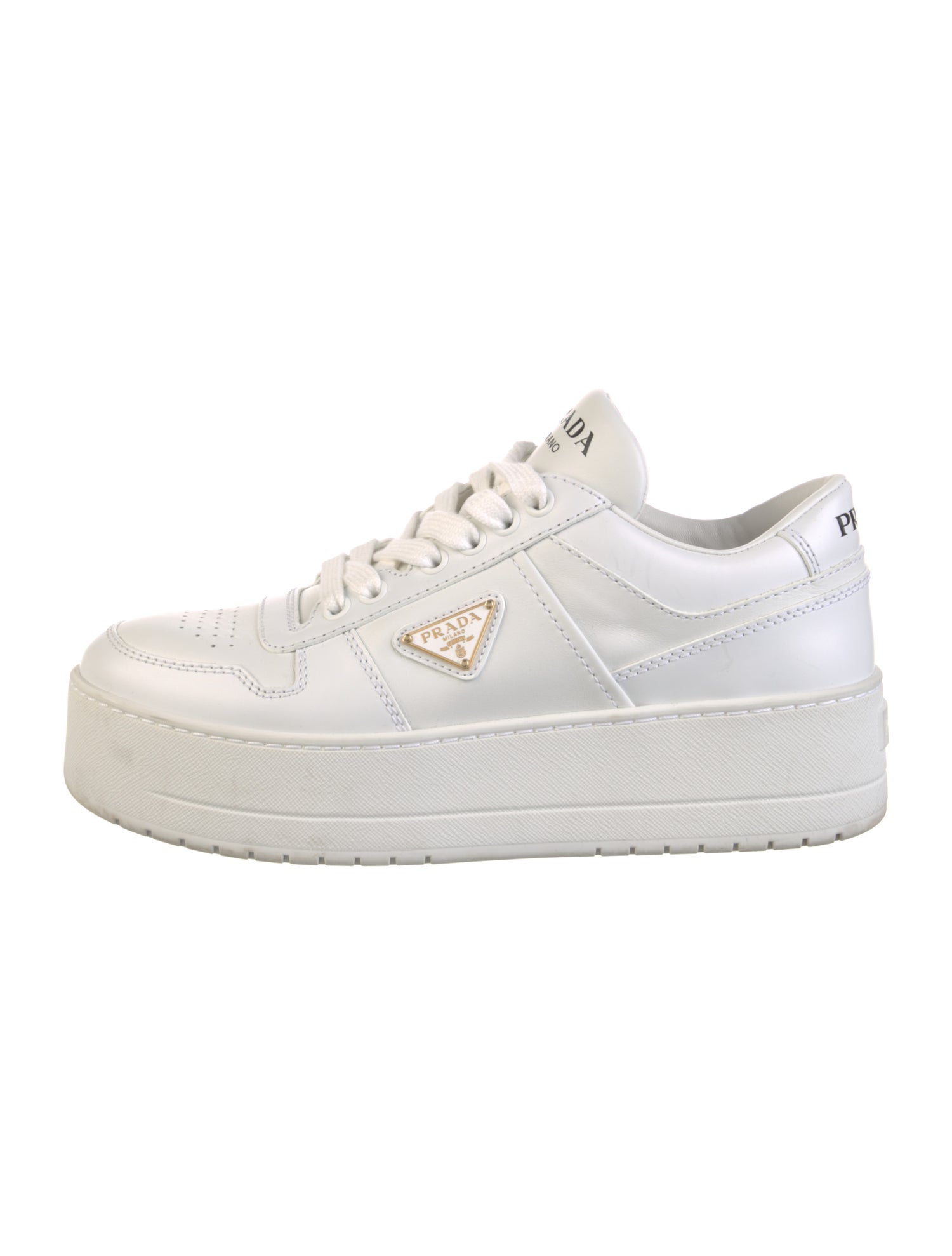 Prada Enameled Metal Triangle Leather Sneakers