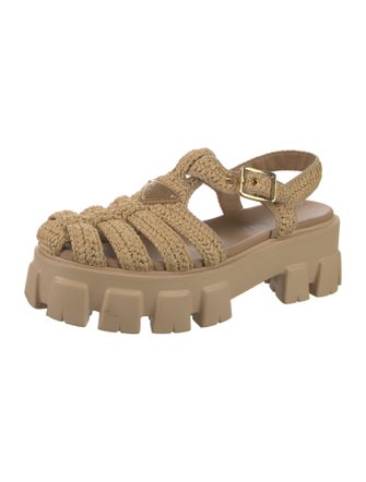 Prada Enameled Metal Triangle Raffia Slingback Sandals