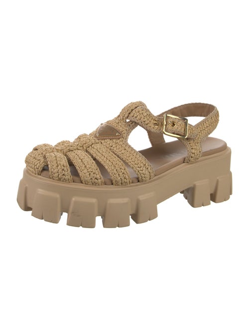 Prada Enameled Metal Triangle Raffia Slingback Sandals