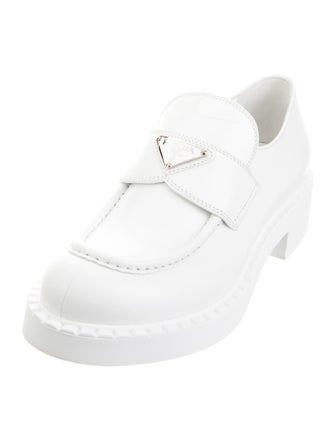 Prada Enameled Metal Triangle Leather Loafers