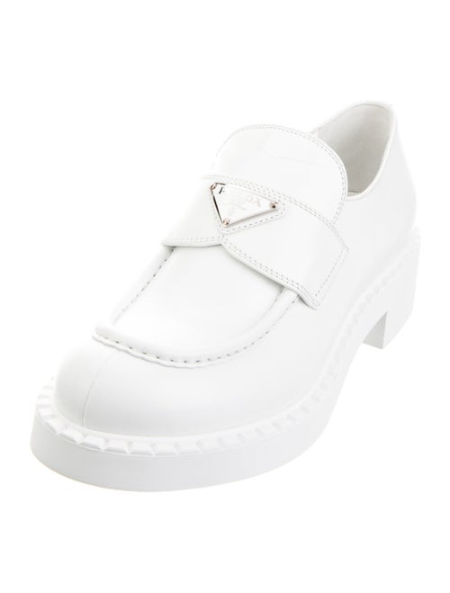 Prada Enameled Metal Triangle Leather Loafers