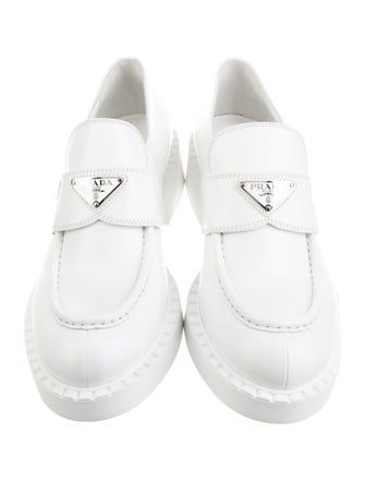 Prada Enameled Metal Triangle Leather Loafers