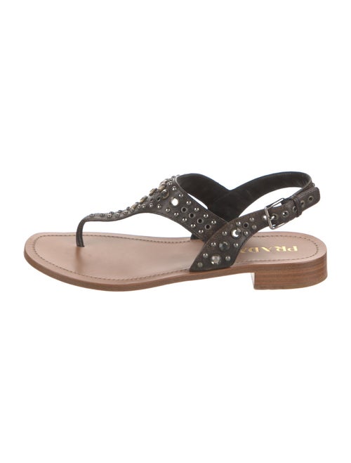 Prada Leather Crystal Embellishments T-Strap Sandals