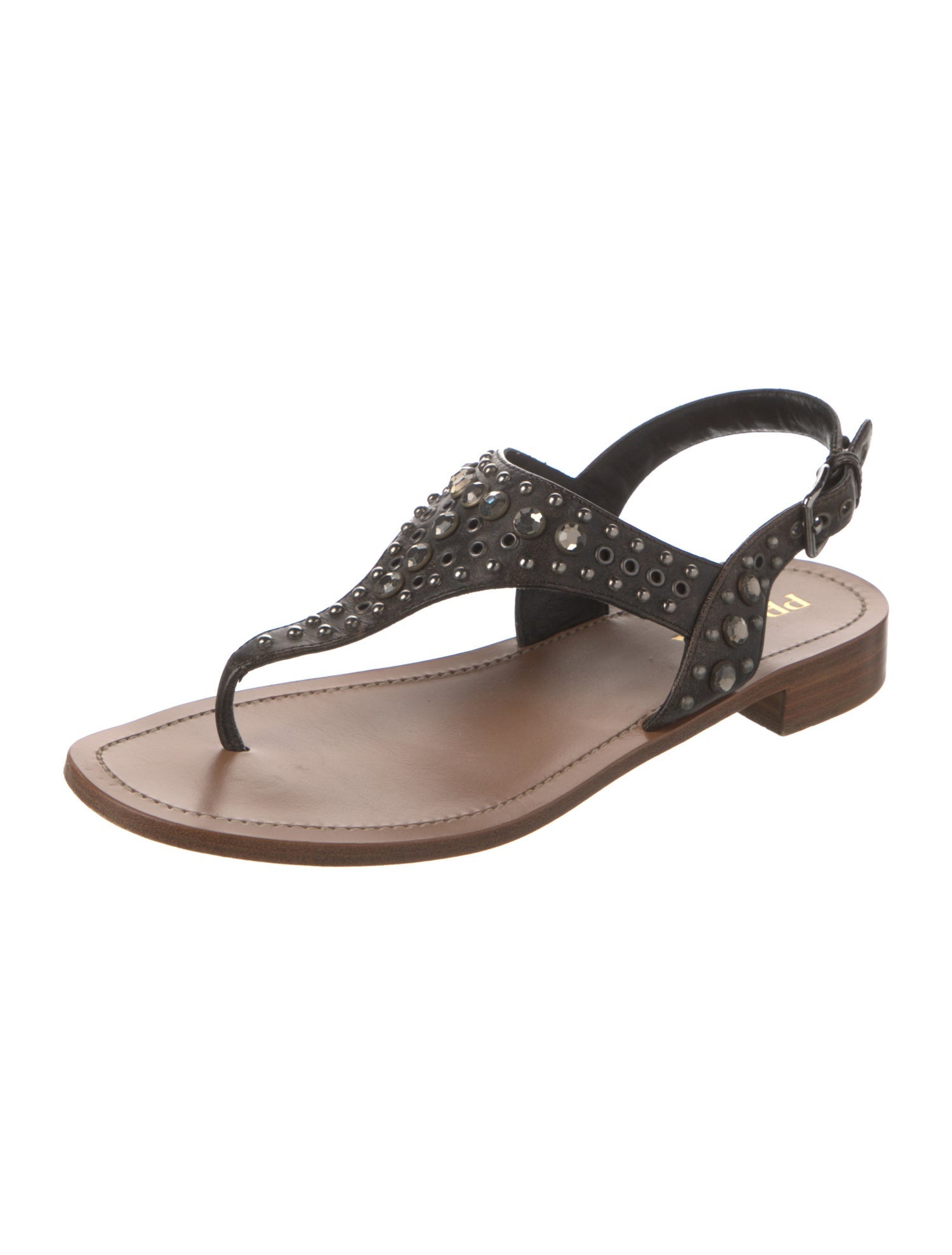Prada Leather Crystal Embellishments T-Strap Sandals