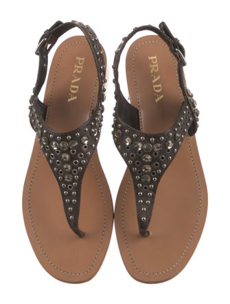 Prada Leather Crystal Embellishments T-Strap Sandals
