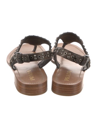 Prada Leather Crystal Embellishments T-Strap Sandals
