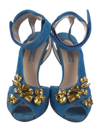 Prada Suede Crystal Embellishments Slingback Sandals
