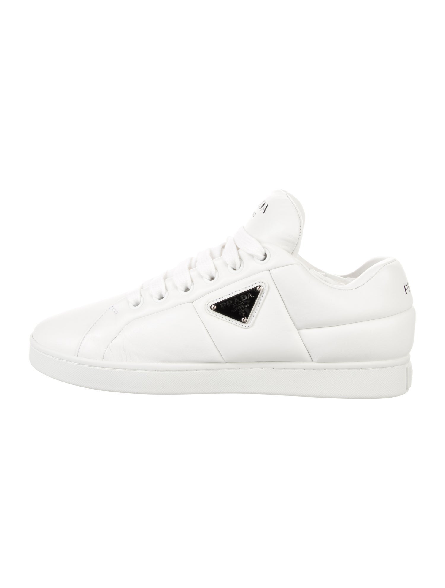 Prada Enameled Metal Triangle Leather Sneakers