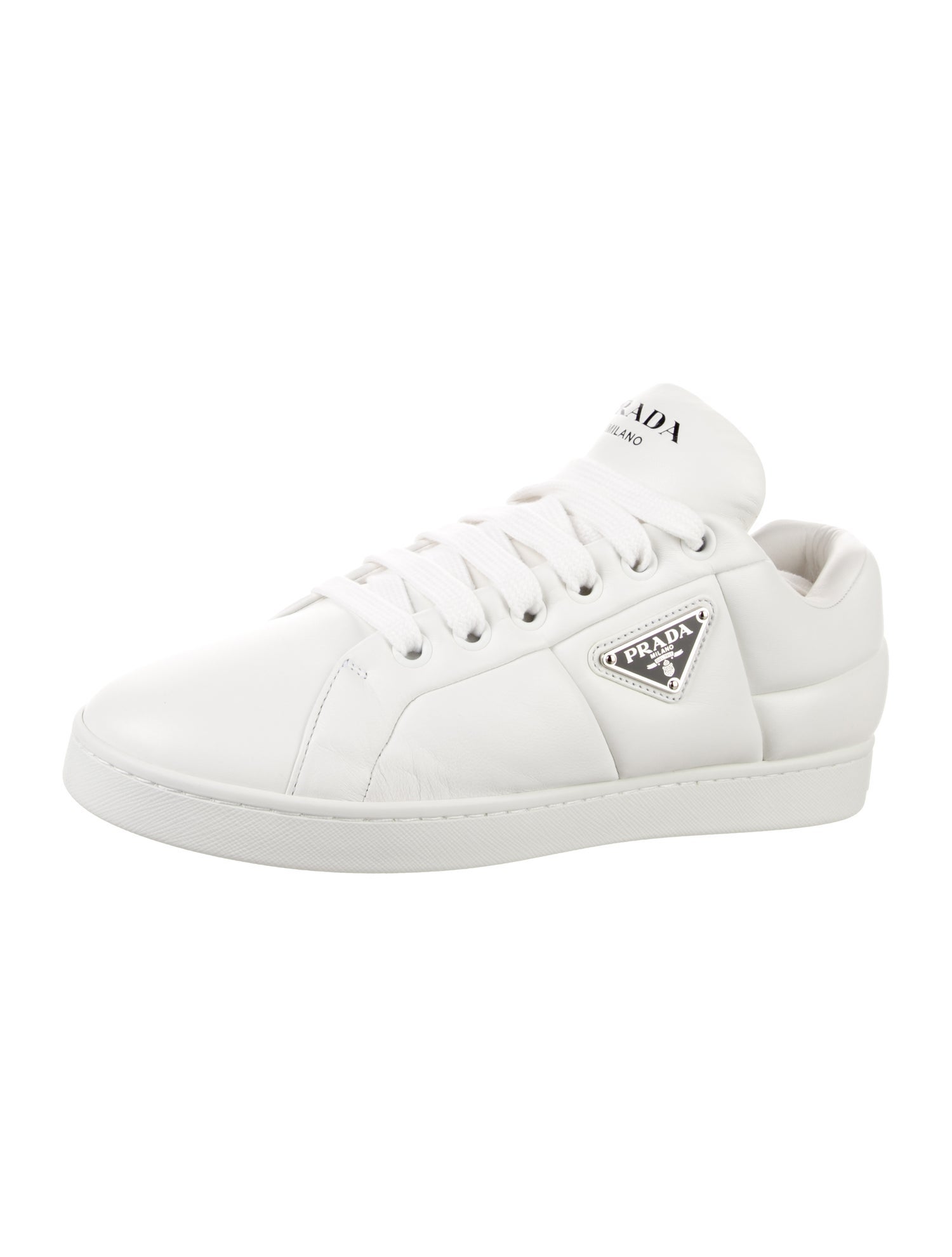 Prada Enameled Metal Triangle Leather Sneakers