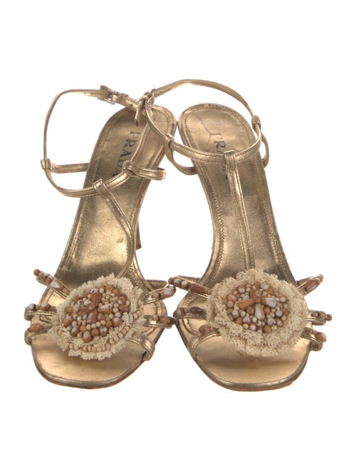 Prada Leather Beaded Accents T-Strap Sandals