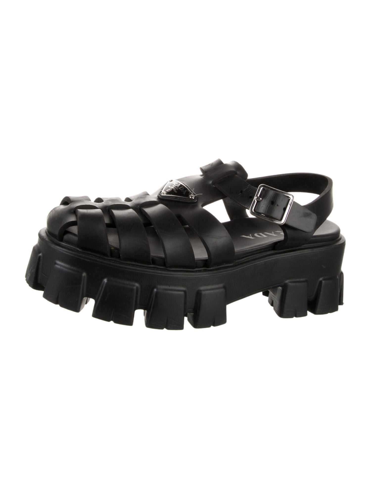 Prada Enameled Metal Triangle Rubber Slingback Sandals