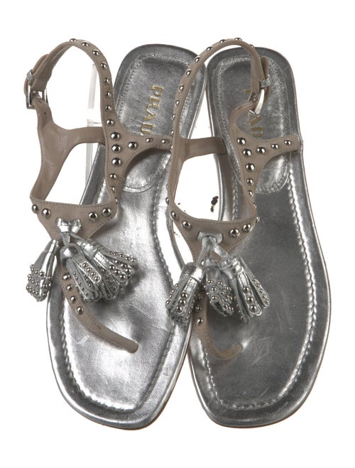 Prada Leather Tassel Accents T-Strap Sandals