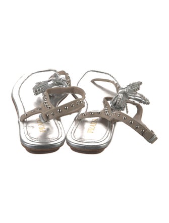 Prada Leather Tassel Accents T-Strap Sandals