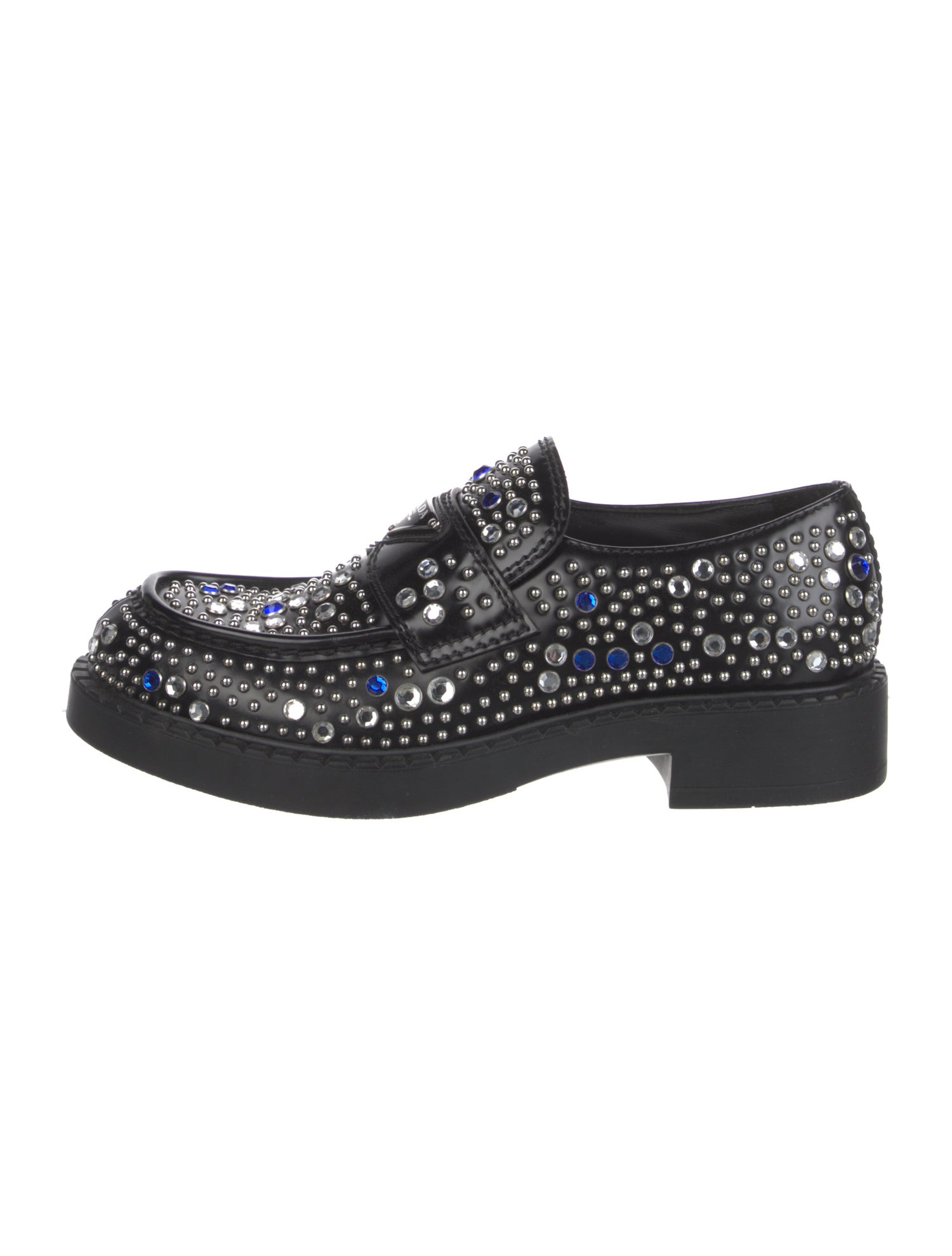 Prada Enameled Metal Triangle Leather Loafers