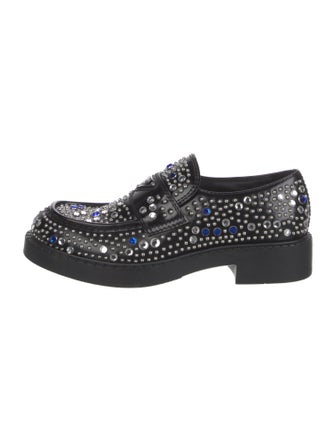 Prada Enameled Metal Triangle Leather Loafers
