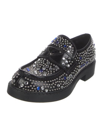 Prada Enameled Metal Triangle Leather Loafers