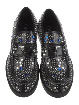 Prada Enameled Metal Triangle Leather Loafers