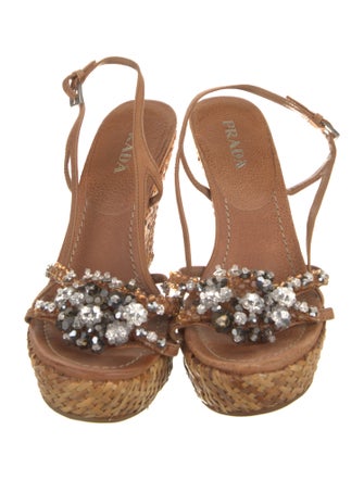 Prada Leather Crystal Embellishments Slingback Sandals