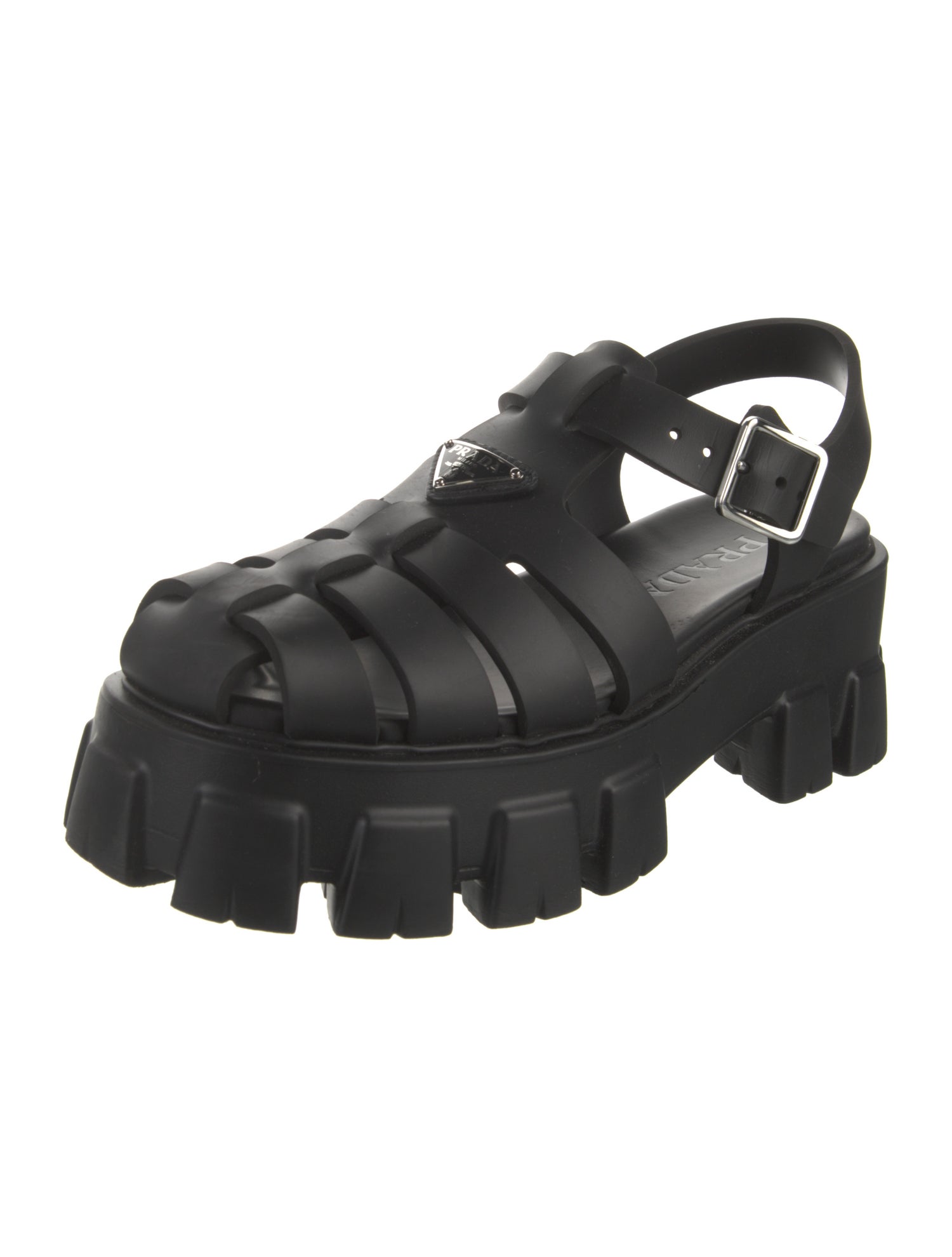 Prada Monolith Enameled Metal Triangle Slingback Sandals