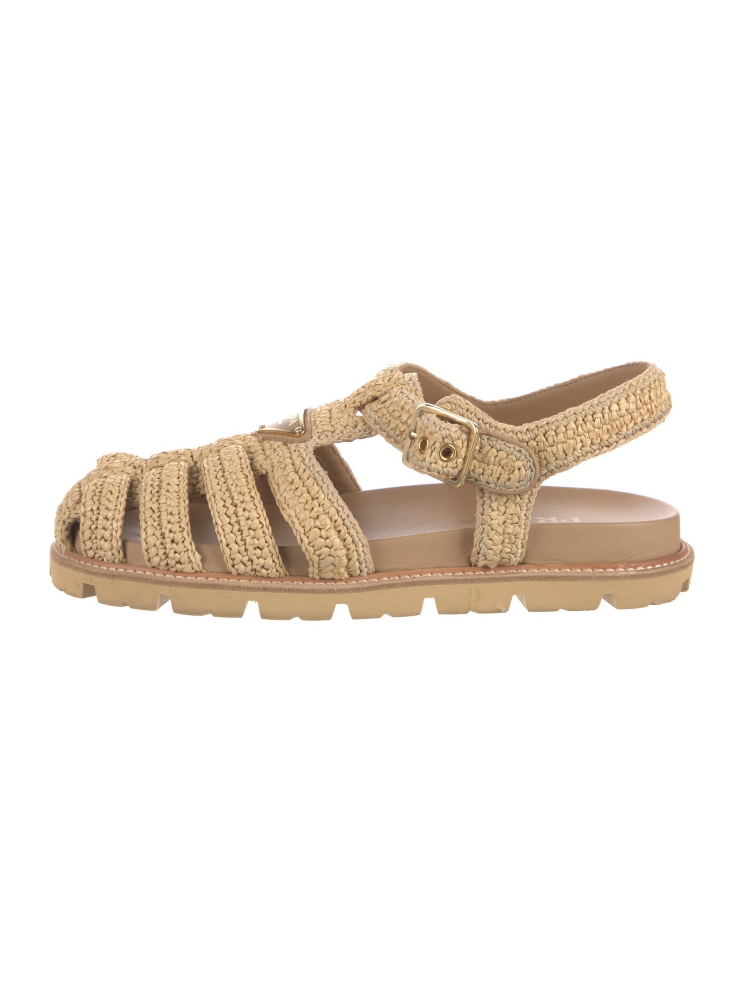 Prada Enameled Metal Triangle Raffia Slingback Flats