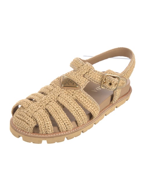 Prada Enameled Metal Triangle Raffia Slingback Flats