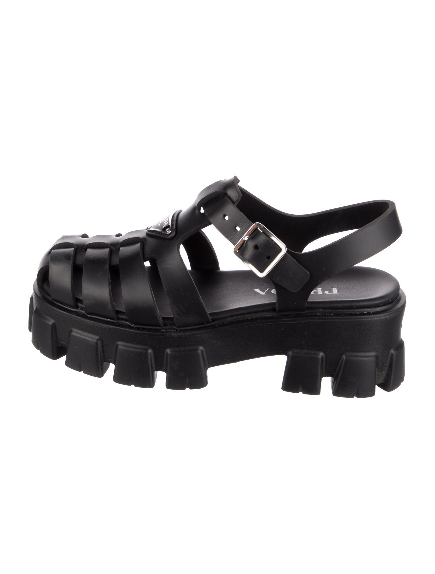 Prada Enameled Metal Triangle Rubber Slingback Sandals