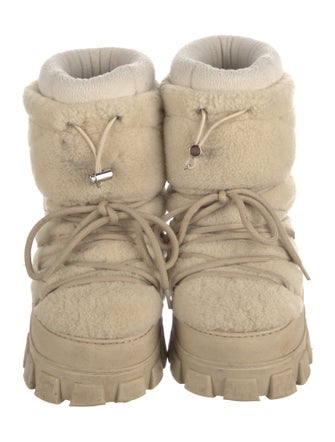 Prada Enameled Metal Triangle Shearling Lace-Up Boots