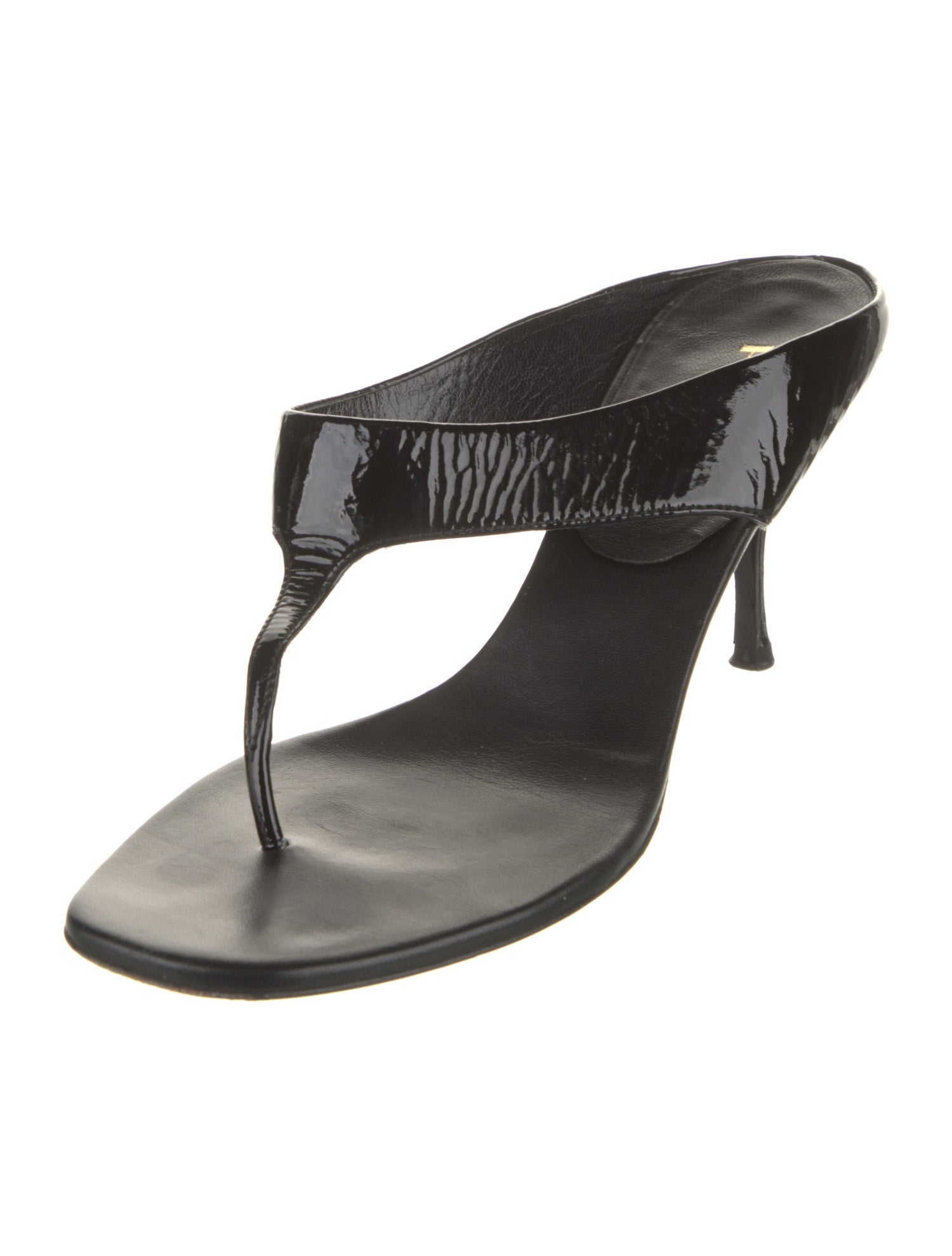 Prada Patent Leather Leather Trim Embellishment T-Strap Sandals