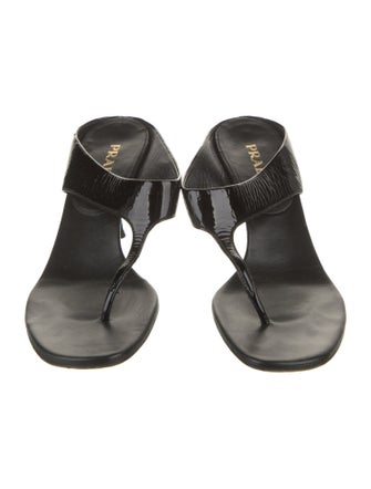 Prada Patent Leather Leather Trim Embellishment T-Strap Sandals