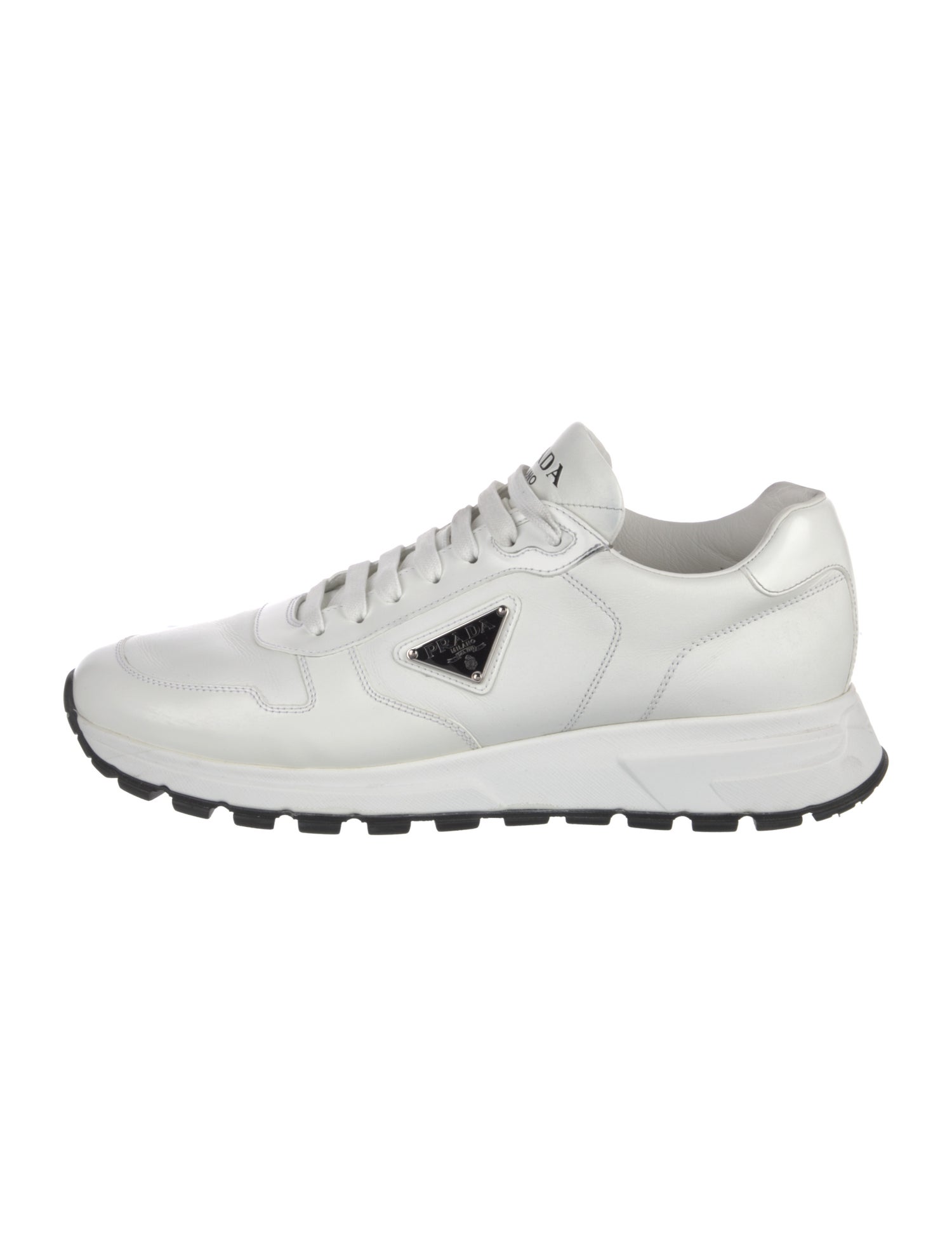Prada Enameled Metal Triangle Leather Athletic Sneakers