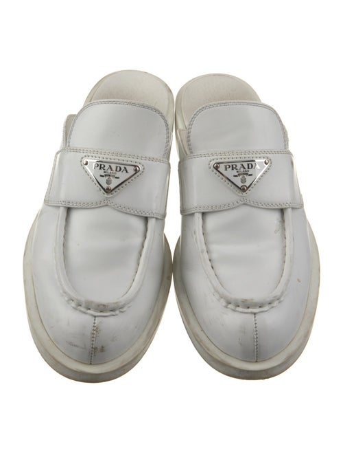 Prada Enameled Metal Triangle Leather Mules