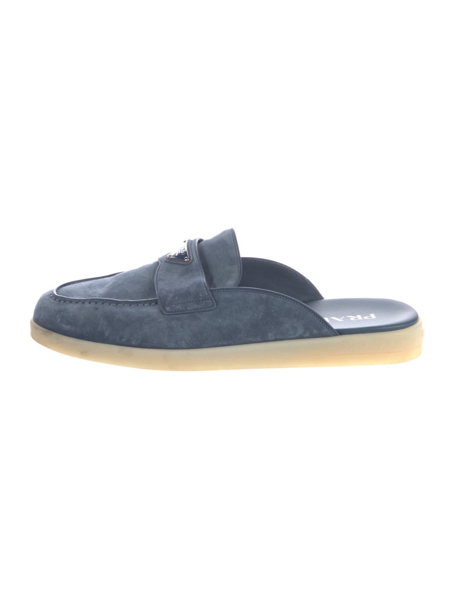 Prada Enameled Metal Triangle Suede Loafers