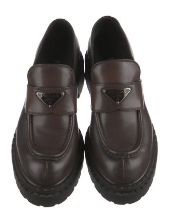 Prada Enameled Metal Triangle Leather Loafers