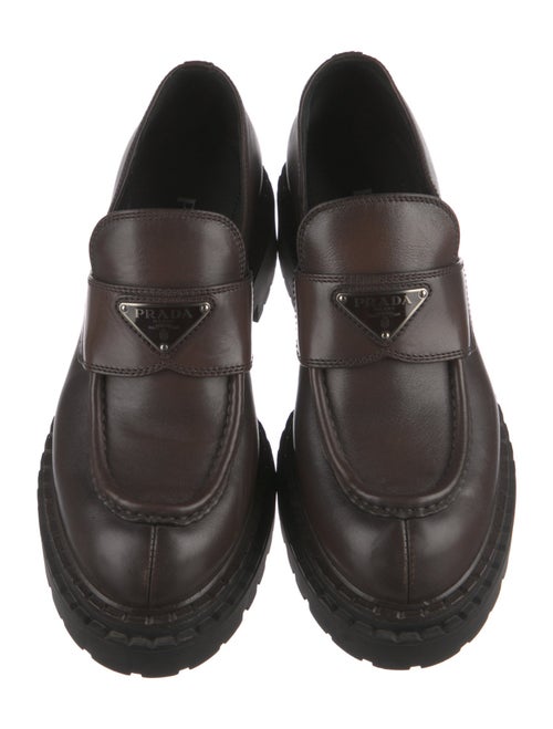 Prada Enameled Metal Triangle Leather Loafers