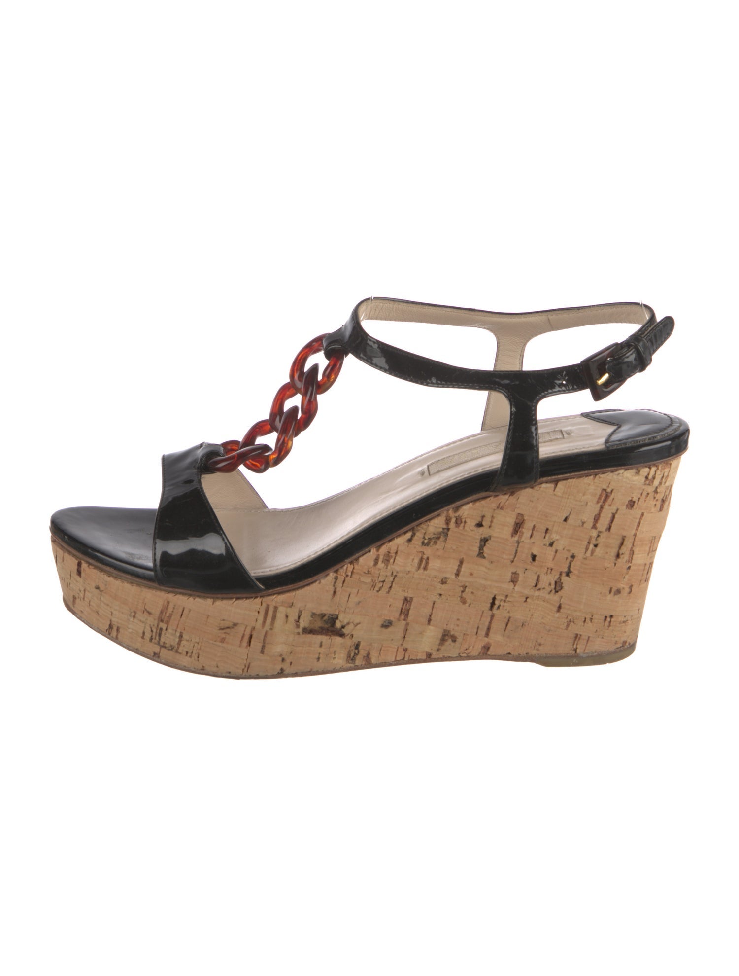 Prada Patent Leather Chain-Link Accents T-Strap Sandals