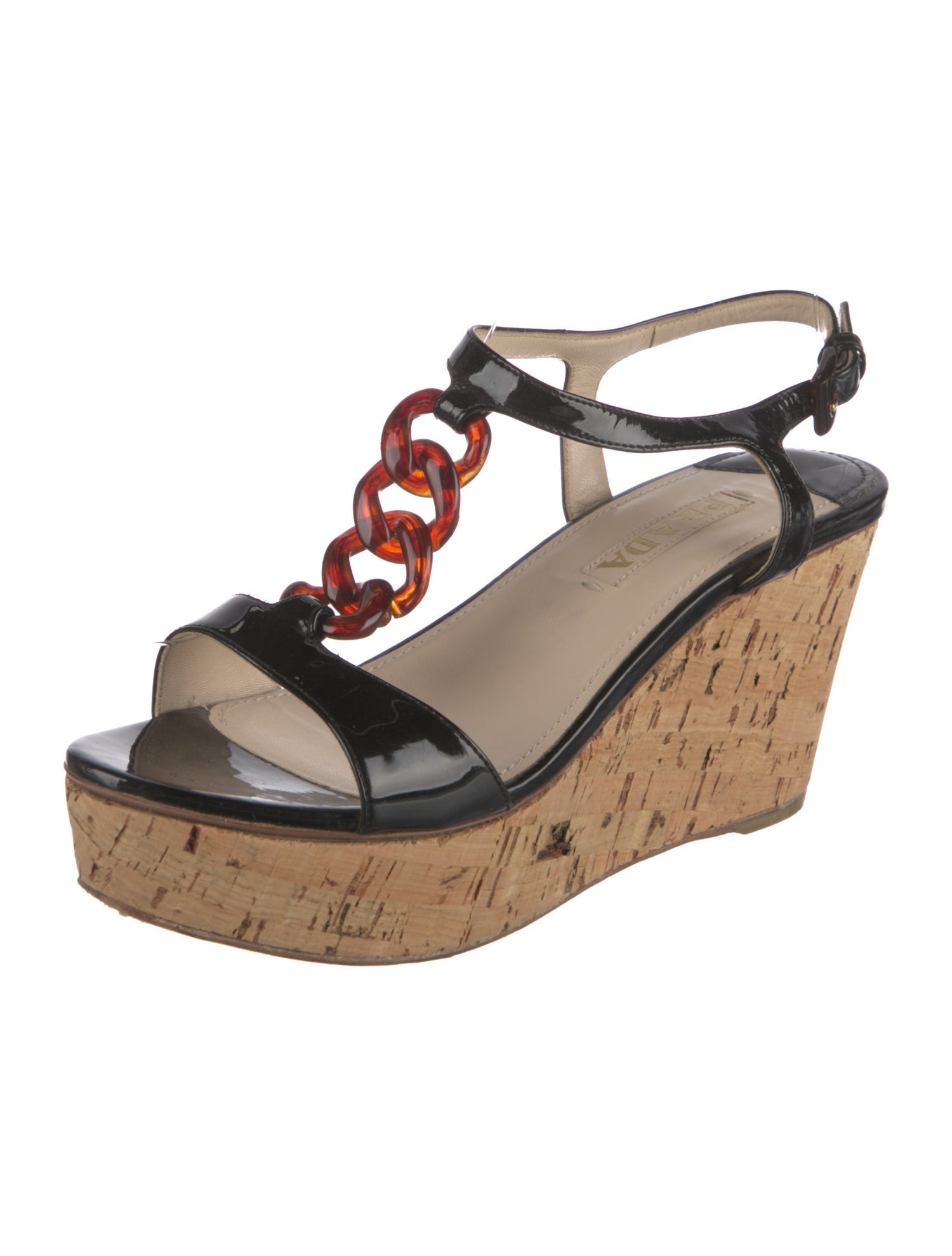 Prada Patent Leather Chain-Link Accents T-Strap Sandals