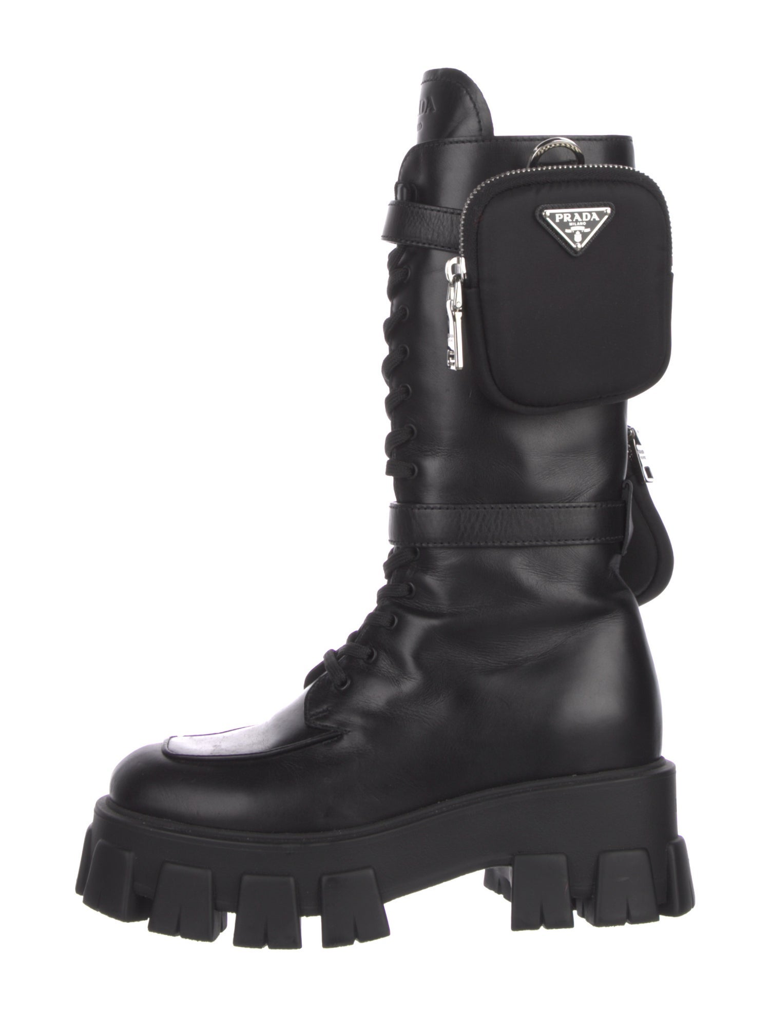 Prada Enameled Metal Triangle Leather Combat Boots