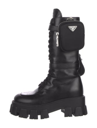 Prada Enameled Metal Triangle Leather Combat Boots