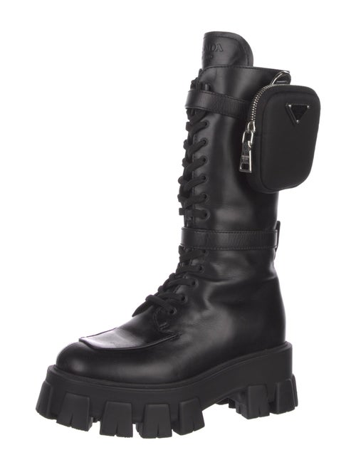 Prada Enameled Metal Triangle Leather Combat Boots