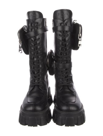 Prada Enameled Metal Triangle Leather Combat Boots