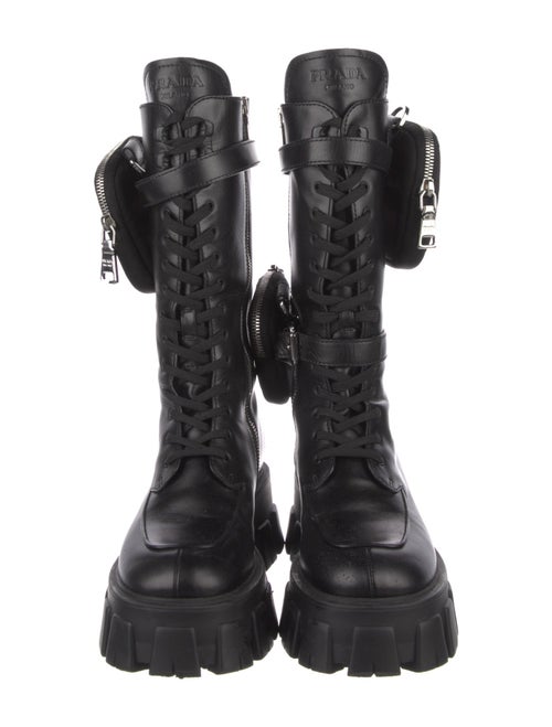 Prada Enameled Metal Triangle Leather Combat Boots