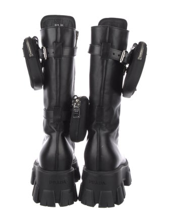 Prada Enameled Metal Triangle Leather Combat Boots